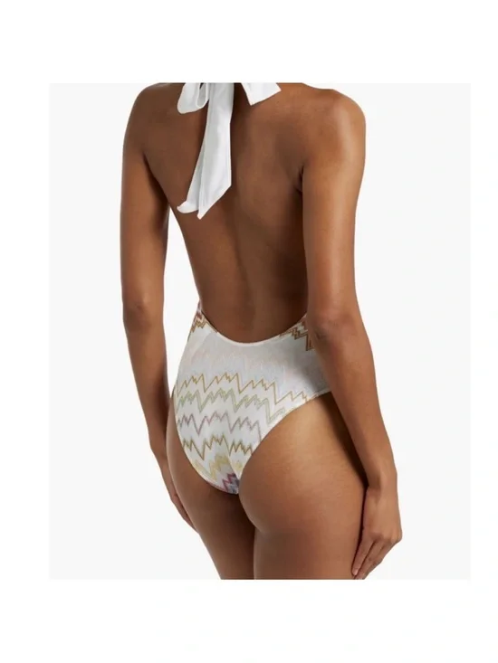 Missoni White Multi Zigzag Halter Plunge One-Piece Swimsuit - Picture 2 of 6